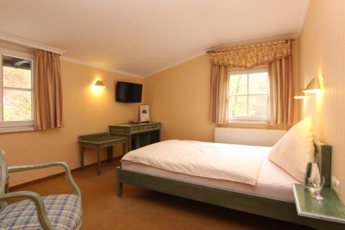 a bedroom with a bed and a tv and windows at Rabenauer Mühle "bed & breakfast" in Rabenau