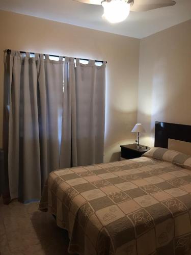 a bedroom with a bed with curtains and a lamp at Complejo olivos in Las Grutas