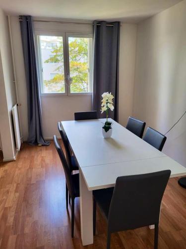 une salle à manger avec une table et des chaises et une fenêtre dans l'établissement Appartement spacieux Asnièresa, à Asnières-sur-Seine