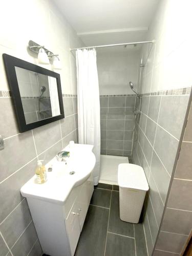 une salle de bain blanche avec un lavabo et une douche dans l'établissement Maison charmante à Libourne avec piscine privéea, à Libourne