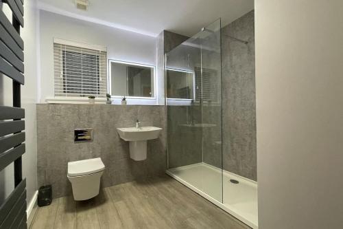 La salle de bains est pourvue de toilettes, d'un lavabo et d'une douche. dans l'établissement Harbourside, Luxurious Elegant Holiday home with Bike store - Sleeps 6, à Wick