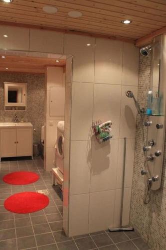 a bathroom with a shower and a sink at Kelo Aurora luxury cabin in Kilpisjärvi