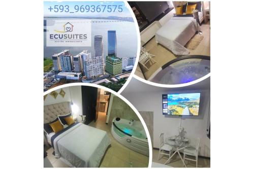 un collage de cuatro fotos de una habitación de hotel en Ecusuites Jacuzzi Bellini Hidromasaje Privado, en Guayaquil