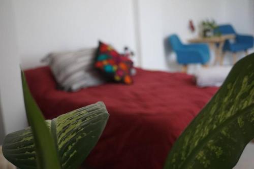 a living room with a red couch and a green plant at Hospedaje con vista a la ciudad in Monterrey