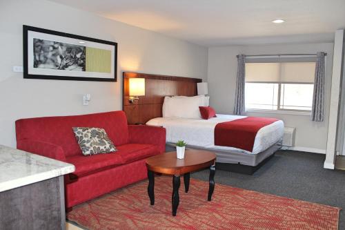 アラモサにあるBell & Main Alamosa Studio Suite-Walking distance to downtownのベッドと赤いソファが備わるホテルルームです。
