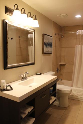 ein Badezimmer mit einem Waschbecken, einem WC und einem Spiegel in der Unterkunft Bell & Main Alamosa Studio Suite-Walking distance to downtown in Alamosa