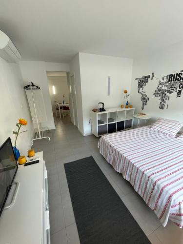 マラガにあるPlaza de toros / Centroの白いベッドルーム(ベッド1台、テレビ付)