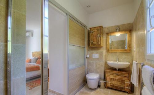 uma casa de banho com um WC, um lavatório e um chuveiro em Domaine de Bracciole em Corte