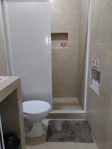a bathroom with a toilet and a shower at Casa en Mahahual cerca de la playa D1 in Mahahual