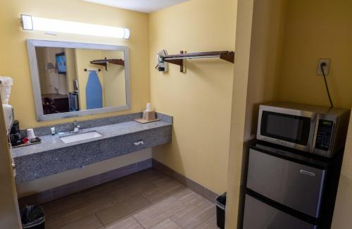 a bathroom with a sink and a microwave at Loyalty Inn Hawkinsville in Hawkinsville