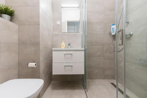 uma casa de banho com um chuveiro, um WC e um lavatório. em New Blue Danube Apartment with Balcony and Parking em Budapeste