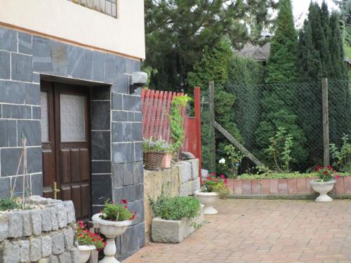a building with a door and some pots of plants at Ferienwohnung-Schluecke in Bad Frankenhausen