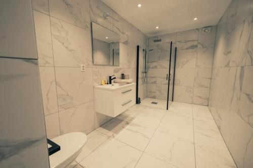 a bathroom with a toilet and a sink and a shower at Modalen Fjord Cottage in Mo