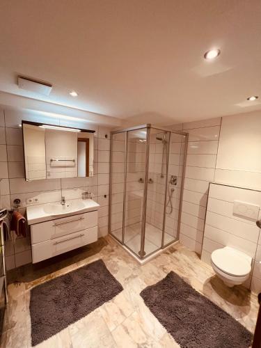 a bathroom with a shower and a toilet and a sink at Haus Dominik - Silvretta Card Premium Partner in See