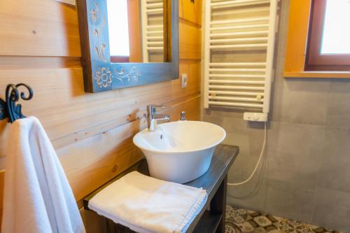 ein Bad mit einem Waschbecken und einem Spiegel in der Unterkunft Osada Brzezia in Kluszkowce