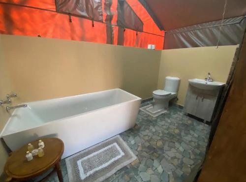 a bathroom with a bath tub and a toilet at Vlakkieskraal Farmstay - Nyala Tented Camp in Bela-Bela