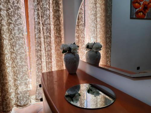 波佐利的住宿－MOONLIGHT HOUSE，两个花瓶坐在一个房间里桌子上