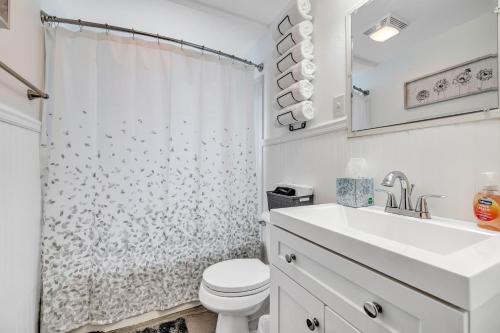 La salle de bains est pourvue de toilettes, d'un lavabo et d'une douche. dans l'établissement Gorgeous 3 bedroom home, minutes from Lambeau!, à Green Bay