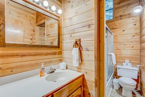 La salle de bains est pourvue d'un lavabo blanc et de toilettes. dans l'établissement Truckee Retreat, à Truckee