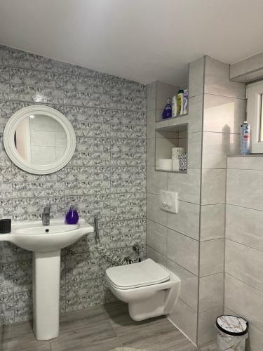bagno con servizi igienici, lavandino e specchio di Apartman Maki a Sarajevo