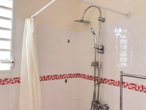 een douche met een douchegordijn in de badkamer bij Studio Launa in Trois-Rivières