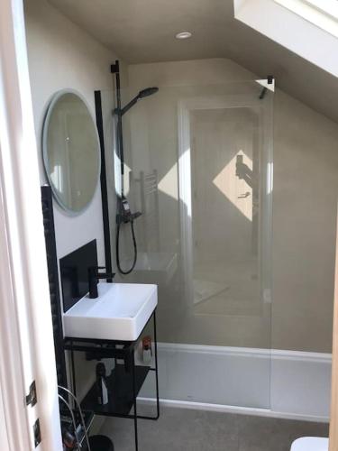 a bathroom with a shower and a sink and a mirror at Elegant 3bed Crouchend in style with roof terrace in London