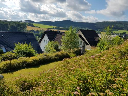 a group of houses on a hill with flowers at Ferienwohnung Jansen in Kirchhundem