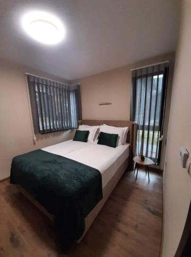 a bedroom with a large bed and two windows at Вила Bora Vista 2 in Tsigov Chark