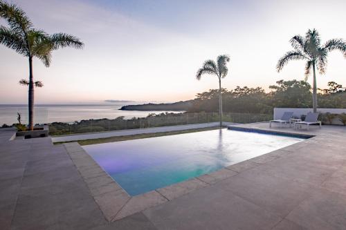 a swimming pool with palm trees and the ocean at Ocean view luxury Villa, Private Pool 4BD 8PPL in Playa Venao