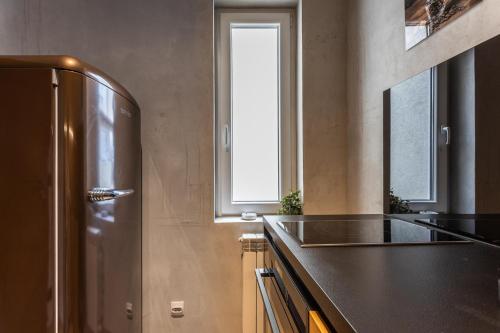 a kitchen with a refrigerator and a window at Bella Roe Premium Apartments in Belgrade