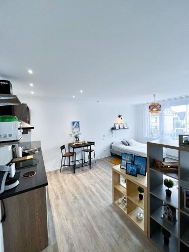 - une cuisine et un salon avec un lit dans une chambre dans l'établissement LA MASCOTTE, à Saint-Louis