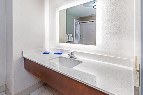 a bathroom with a sink and a mirror at Holiday Inn Express & Suites Lafayette South by IHG in Lafayette