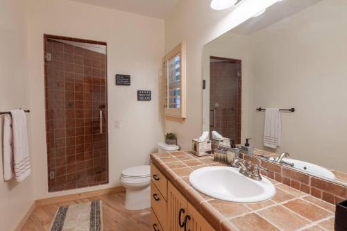 a bathroom with a sink and a toilet and a mirror at Hillside Hideaway - game rm - master spa - Luxury in Lake Arrowhead