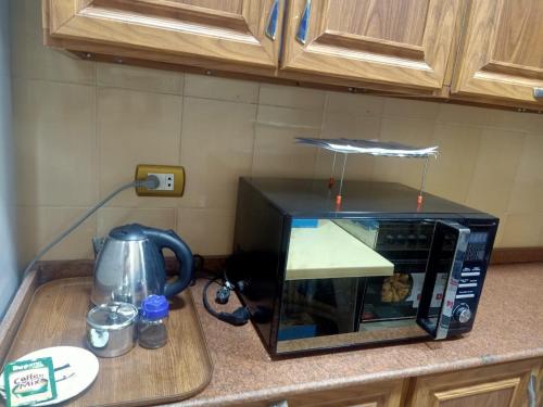 a microwave sitting on a kitchen counter with a coffee pot at فاكانزا شقة فندقية مفروشة- vacanze in Fayoum Center