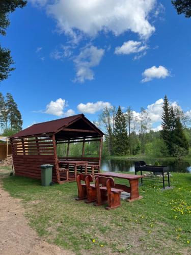 a picnic shelter with benches and a table and a grill at Artur´s Eaterie and Holiday home in Viitna