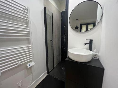 a bathroom with a white sink and a mirror at Place Massena, superbe appartement neuf. in Nice