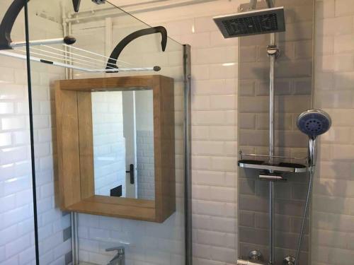 La salle de bains est pourvue d'un miroir et d'une douche. dans l'établissement St Vélodrome 3 chambres parking 8 couchages neuf, à Marseille