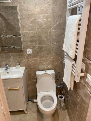Baño pequeño con aseo y lavamanos en Appartement T3 dans une villa neuf, en Drap