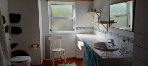baño con lavamanos, silla y 2 ventanas en Casa da Vitória en Santa Cruz da Graciosa