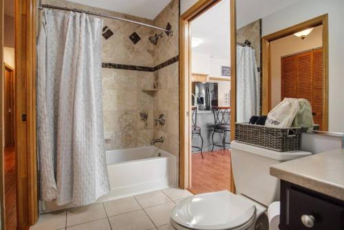 a bathroom with a tub and a toilet and a shower at Family Friendly Pool Paradise Retreat Near Beaches in Palm Harbor