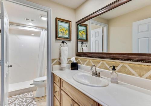 a bathroom with a sink and a toilet and a mirror at Heart of Orem Basement 3 bedroom Apartment w/ Waffles. in Orem