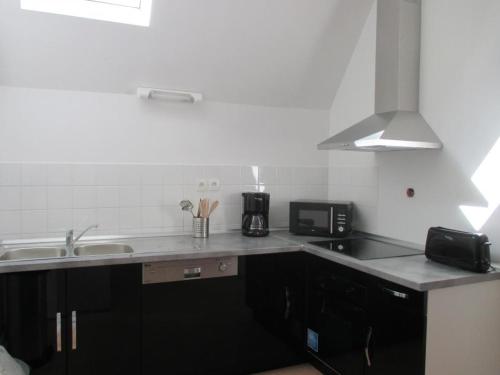 une cuisine avec un évier et un plan de travail dans l'établissement Appartement spacieux au Château avec parc arboré, proche de Villeneuve sur Allier, pour 6 pers., WiFi - FR-1-489-73, à Trévol