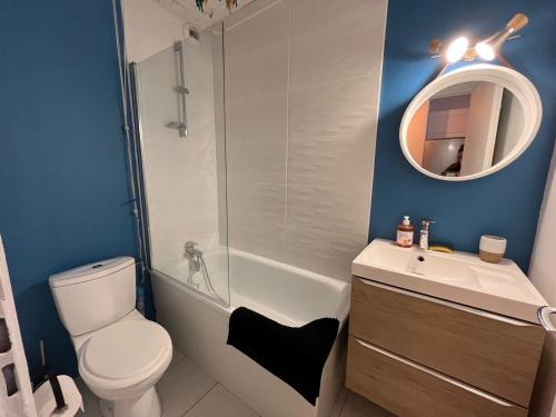 une salle de bain avec toilettes, lavabo et miroir dans l'établissement Studio au pied des pistes avec balcon et parking à Villard-de-Lans - FR-1-515-145, à Villard-de-Lans