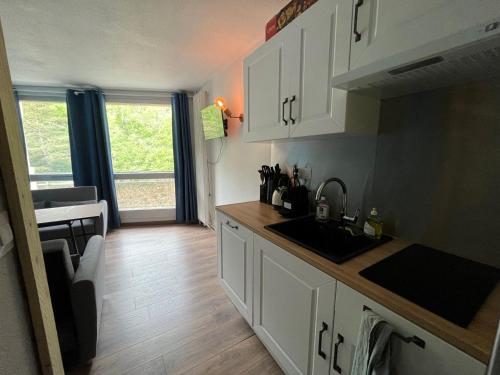 une cuisine avec des armoires blanches, un évier et une fenêtre dans l'établissement Studio au pied des pistes avec balcon et parking à Villard-de-Lans - FR-1-515-145, à Villard-de-Lans
