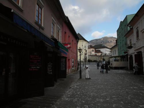 a group of people walking down a street with buildings at Apartments and Suites Kremnica in Kremnica
