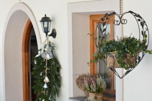 a hallway with a mirror and a potted plant at Riegergut in Unken