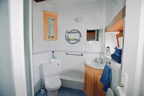 Baño blanco con aseo y lavamanos en Cottage Trève Raisin, en Perreux