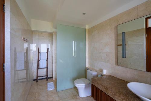 a bathroom with a toilet and a sink and a mirror at Moritz Palm Villa in Uluwatu