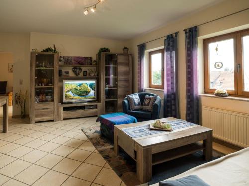 ein Wohnzimmer mit einem Sofa, einem Tisch und einem TV in der Unterkunft Ferienwohnung Meisbüsch in Merzig
