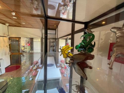 a glass display case with many different items on it at Bamboo Village Guest House in Naoshima